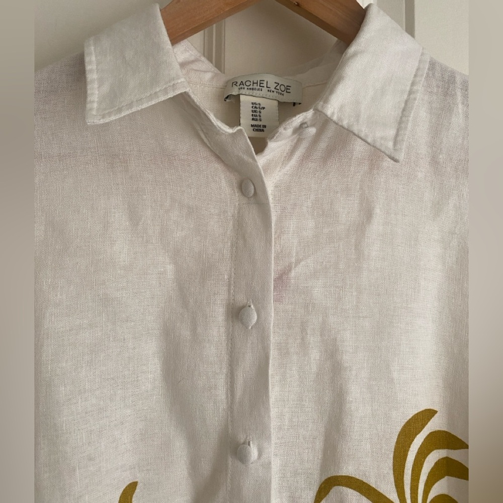 Rachel Zoe White Button-Up Shirt Gold Palm Leaf Print Size S NWT Linen Blend - Picture 5 of 12